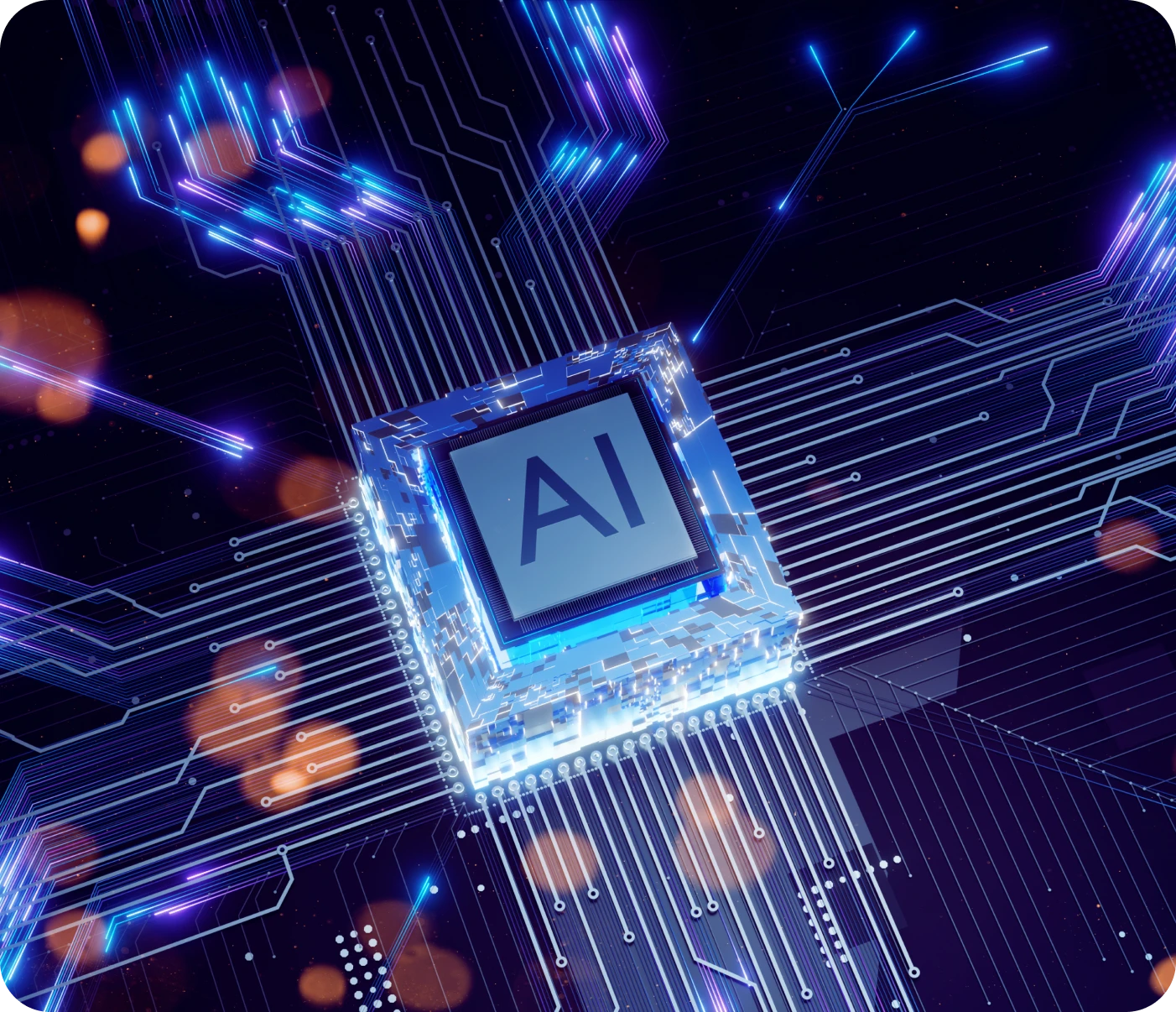 AI microchip with glowing circuits