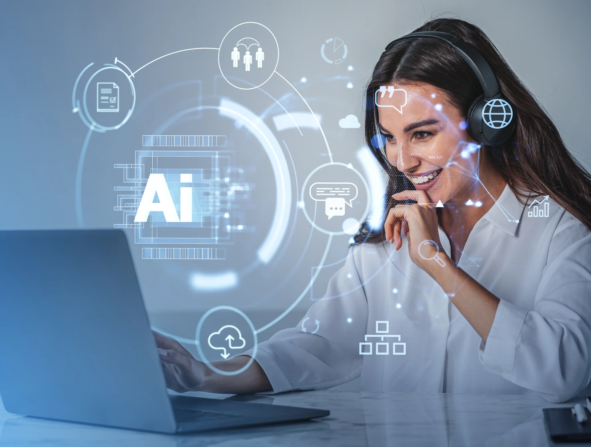 Woman with headset working on computer