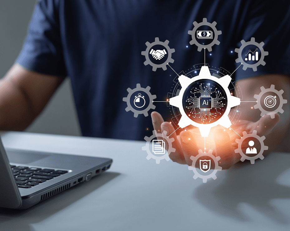 Hands presenting artificial intelligence network