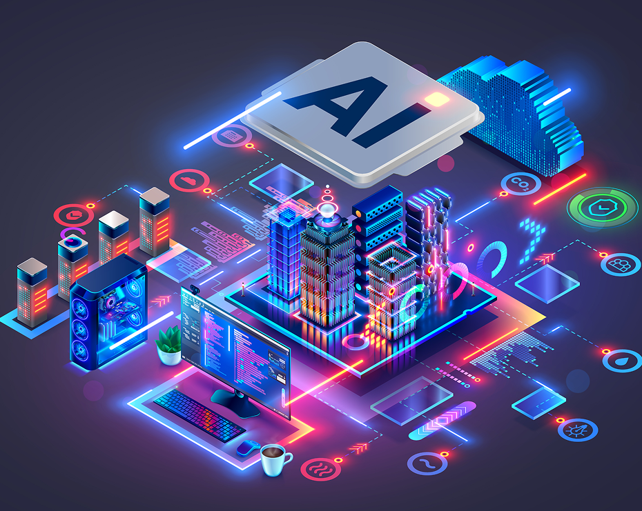 AI technology concept with digital cityscape
